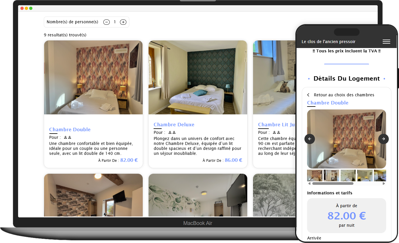 Interface client affichant les chambres disponibles